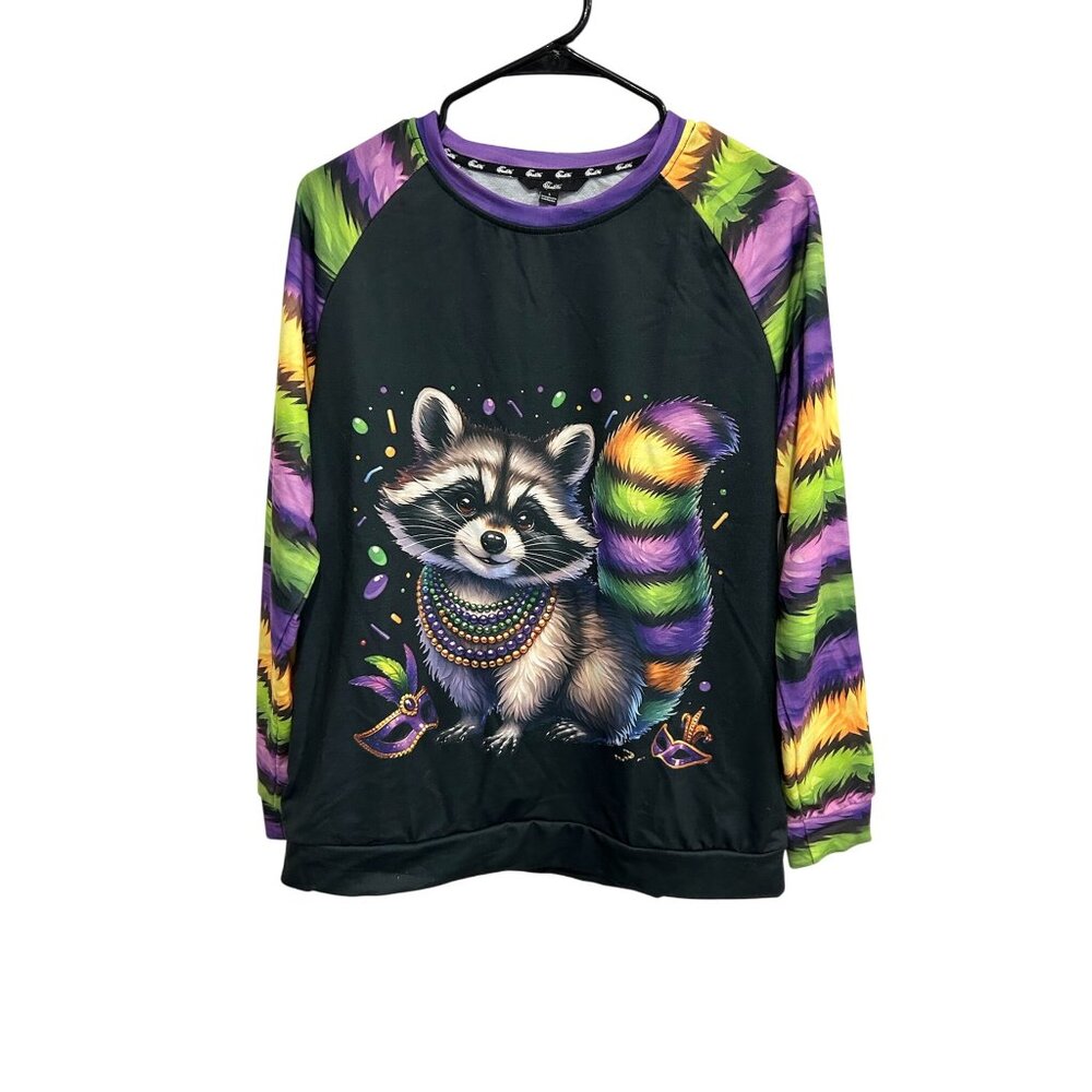 Shall We Raccoon Graphic Pullover Sweatshirt Black Multi Sz Large Crewneck Cozy